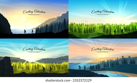 Vector illustration set. Travel concept of discovering, exploring and observing nature. Hiking. Adventure tourism. Flat design for web banner, website template. Couple of man and woman walks on hills