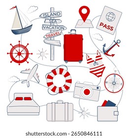 Vector illustration of a set of travel elements: suitcases, ship, airplane, camera, compass, passport, life preserver, wheel, bed, wallet, and signpost with inscriptions on a white background.