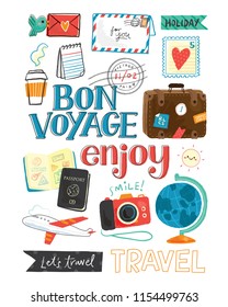 Vector illustration of a set of travel icons-- luggage, globe, world, camera, airplane, coffee, passport