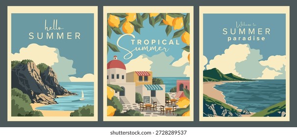 Vector illustration. A set of travel postcards, posters, banners, and covers. Retro style. Hello summer. Natural landscapes. Summer views. Beach.