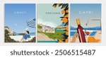 Vector illustration. Set of travel posters, banners, postcards, covers, Italy. Palermo, Amalfi, Capri. Modern design. Tourism.