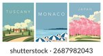 Vector illustration. Set of travel posters, postcards, and covers. Tuscany, Monaco, Japan. Modern design. Decor. Poster collection.