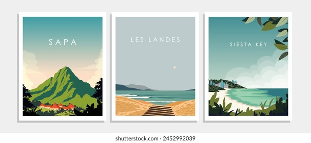 Vector illustration. Set of travel posters. Wall posters, banners, postcards, covers. Collection of designs. Modern style. Tourism.