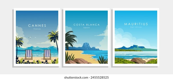 Ilustración vectorial. Conjunto de carteles de viaje. Diseño de interiores, carteles de pared, Anuncios, postales, cubiertas. Diseño moderno, turismo.