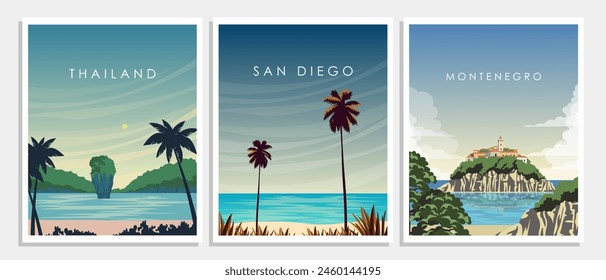 Vector illustration. A set of travel posters for the wall, banners, postcards, covers. Prints. Modern design, cartoon style. Set, collection.