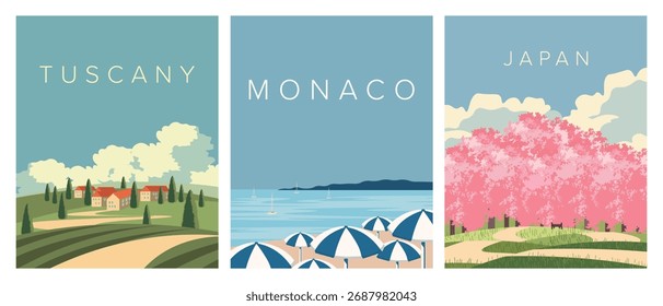 Ilustración vectorial. Conjunto de carteles de viaje, postales y cubiertas. Toscana, Mónaco, Japón. Diseño moderno. Decoración. Colección de póster.