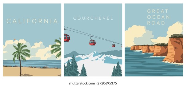 Ilustración vectorial. Un conjunto de carteles de viaje, Anuncios, cubiertas y postales. Australia, California, Courchevel. Diseño moderno.