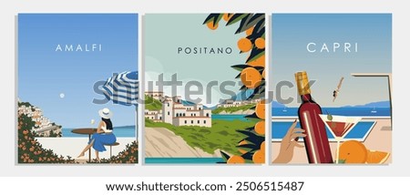 Vector illustration. Set of travel posters, banners, postcards, covers, Italy. Palermo, Amalfi, Capri. Modern design. Tourism.