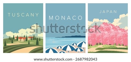 Vector illustration. Set of travel posters, postcards, and covers. Tuscany, Monaco, Japan. Modern design. Decor. Poster collection.