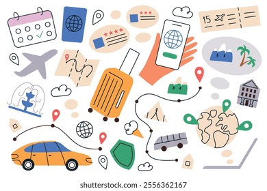 Vector illustration set, traveling app icons, suitcase, taxi, airplane, passport, doodles of tickets, hotel reviews, and online travel platforms. Flat cartoon design for tourism and vacation planning