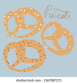 Vector illustration. Set of tree pretzels with sesame, salt and poppy seeds on pastel blue background