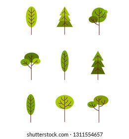 Vector illustration. Set of trees in flat line style. Objects can be used as nature design elements, as icon, for patterns, maps or landscapes. EPS 10