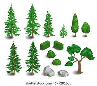 Vector illustration set of trees, park, forest, landscape design. Info graphics. Isometry.