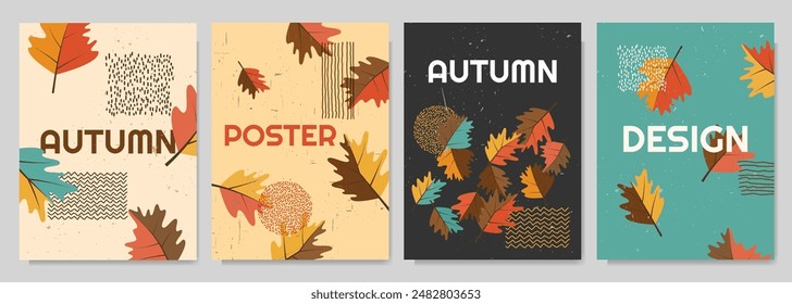 Vector illustration. Set of trendy autumn banners with scratched paper effect and nordic style drawn element. Leaves falling background. Design for poster, brochure card, book or magazine cover, flyer