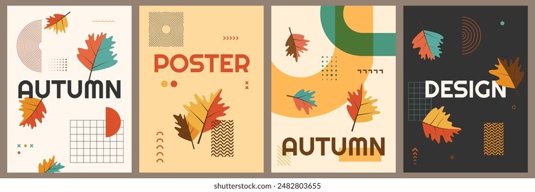 Vector illustration. Set of trendy autumn banners. Leaves, memphis pattern elements, modern typography. Foliage falling background. Design for poster, brochure card, book or magazine cover, flyer