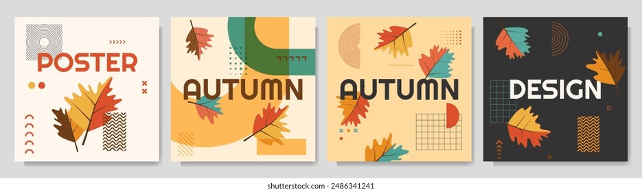 Ilustración vectorial. Conjunto de Anuncios de otoño de moda. Hojas, Elementos de patrones de Memphis, tipografía moderna. Fondo de caída de follaje. Diseño para Plantilla de redes sociales, Anuncio de Web, publicación de blog, portada