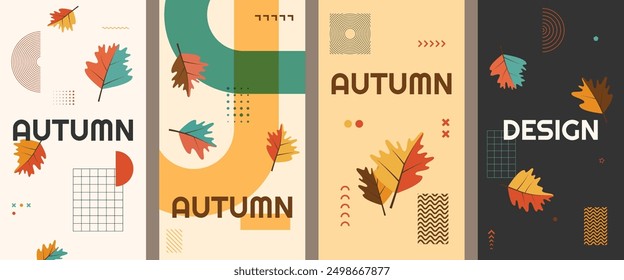 Ilustración vectorial. Conjunto de Anuncios de otoño de moda. Hojas, Elementos de patrón de memphis, tipografía moderna. Follaje cayendo de fondo. Diseño para la invitación del acontecimiento, volante, Cupón, folleto, voucher