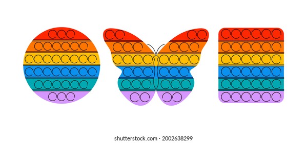 Ilustración vectorial conjunto de pop sensorial de moda que se encuentra. Juguetes antiestrés del arcoiris.