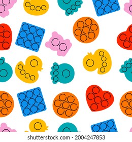 Vector illustration set of trendy sensory pop it fidgets. Rainbow antistress toys with trinket. Seamless pattern