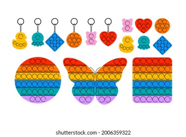 Vector illustration set of trendy sensory pop it fidgets. Rainbow antistress toys with trinket