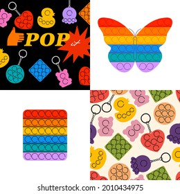 Vector illustration set of trendy sensory pop it fidgets. Rainbow antistress toys with trinket. Seamless pattern