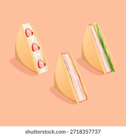 Ilustração vetorial de sanduíches em forma de triângulo com diferentes recheios, incluindo creme de morango, presunto e vegetais frescos