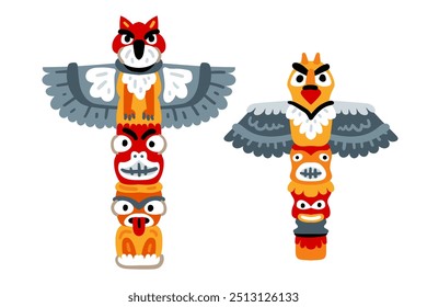 Máscara tribal de conjunto de ilustrações de vetor. Conjunto de totem ameríndio. Ícone isolado de desenho animado totem tradicional sobre fundo branco