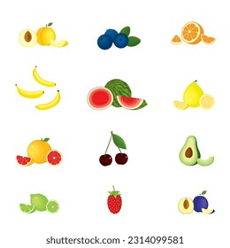Vector illustration of set of tropical fruits and berries, whole and chopped, in color, isolated, on white background.