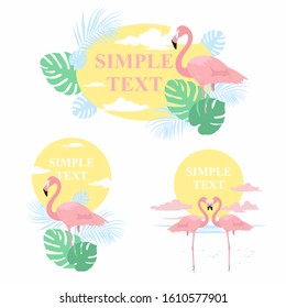 Vector illustration set of tropical leaves, flamingo bird. Tropic summertime motif.