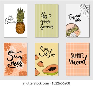 Vector illustration. Set of tropical vacation and summer holidays hand drawn posters or greeting card with handwritten calligraphy quotes, phrase and words.