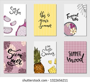 Vector illustration. Set of tropical vacation and summer holidays hand drawn posters or greeting card with handwritten calligraphy quotes, phrase and words.