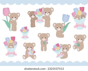 Vector illustration set of tulips and cute bears