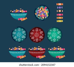 Vector illustration set of Turkish Kutahya Province hand-made decorative vase with wrapped candy