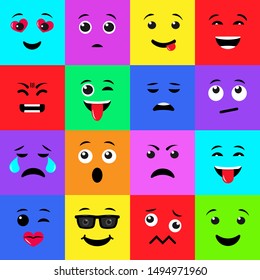 Vector illustration of Set of twelve colorful square emoji icons