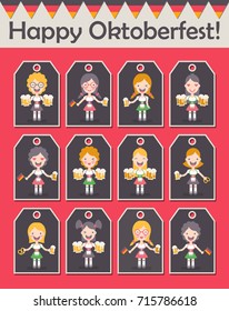 Vector illustration: set of twelve funny emotional female characters Traditional Waitress with beer mugs, german flags and brezel in flat style for Oktoberfest decor  isolated on background
