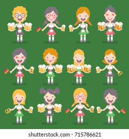 Vector illustration: set of twelve funny emotional female characters Traditional Waitress with beer mugs, german flags and brezel in flat style for Oktoberfest decor  isolated on green background
