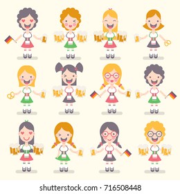 Vector illustration: set of twelve funny emotional female characters Traditional Waitress with beer mugs, german flags and brezel in flat style for Oktoberfest decor  isolated on creamy background
