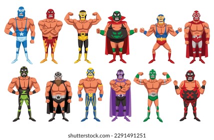 Imagen vectorial de un conjunto de doce luchadores enmascarados, al estilo de las caricaturas.