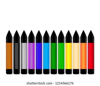 Vector illustration of a set of twelve professional drawing pens. A set of markers with basic standard colors. For advertising felt-tip pen, for sales. To demonstrate the availability of material.