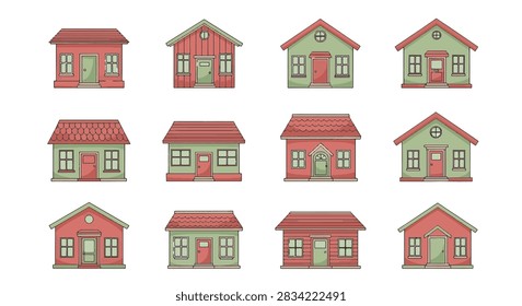Vector illustration set of twelve small residential house icons in red and green colors, featuring various architectural styles, gabled roofs, and windows on a white background.