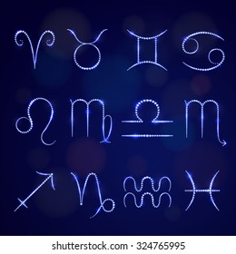 Vector illustration: set of twelve  zodiac symbols made of shiny blue crystals isolated on dark blue background with varicolored circle bokeh lights