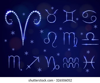 Vector illustration: set of twelve  zodiac symbols made of shiny blue crystals isolated on dark blue background with varicolored circle bokeh lights and  blue crystal snowflakes