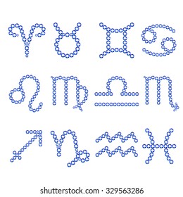 Vector illustration: set of twelve  zodiac symbols made of shiny blue crystals isolated on white background 
