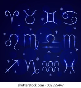 Vector illustration: set of twelve zodiac symbols made of shiny blue crystals isolated on dark blue background with varicolored circle bokeh lights and  blue crystal snowflakes