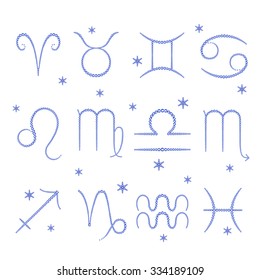 Vector illustration: set of twelve  zodiac symbols made of shiny blue crystals isolated on white background with blue crystal snowflakes