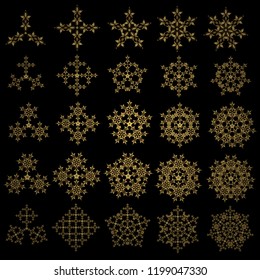 Vector illustration. Set of twenty five winter New Year snowflakes in golden colors on a black.