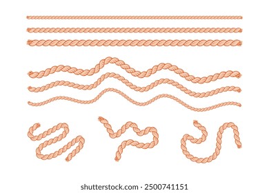 Vector Illustration Set of Twisted Orange Rope with Various Wave and Coil Patterns in Nautical Style