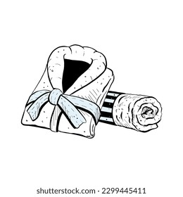 Vector illustration of set with twisted towel and folded bathrobe on white background. Black outline of new fresh wrappers, graphic drawing. For postcards,print, poster, banner, logo, stickers, stamps