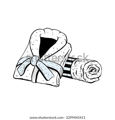 Vector illustration of set with twisted towel and folded bathrobe on white background. Black outline of new fresh wrappers, graphic drawing. For postcards,print, poster, banner, logo, stickers, stamps