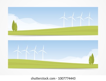 Vector illustration: Set of two banners with Summer landscape with Wind energy turbines